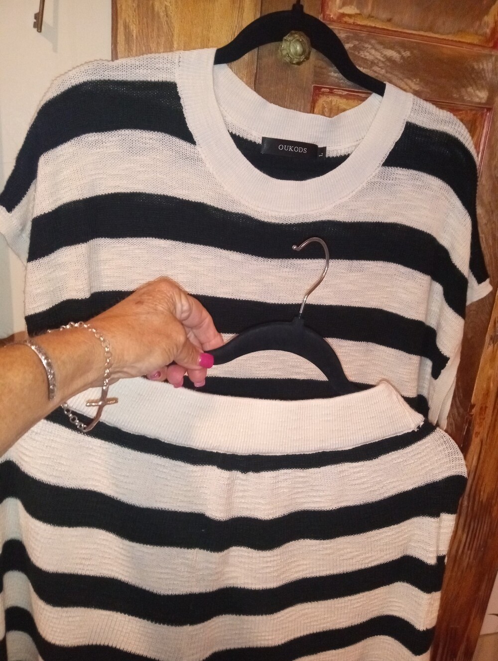 OUKODS Women’s Black and White Striped Scoop Neck Sweater/Short Set 2pc